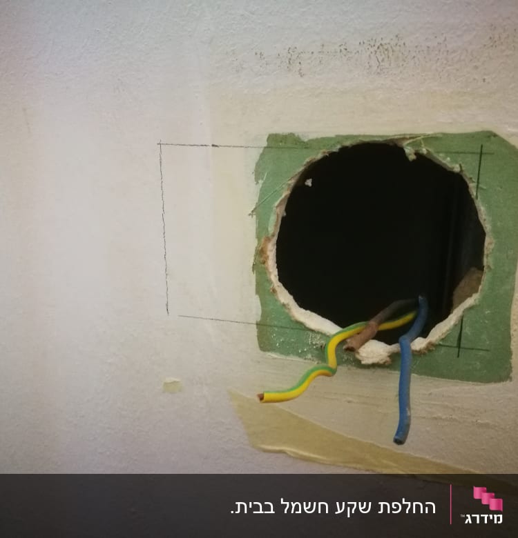 חוטי חשמל יוצאים מקיר עם חור עגול